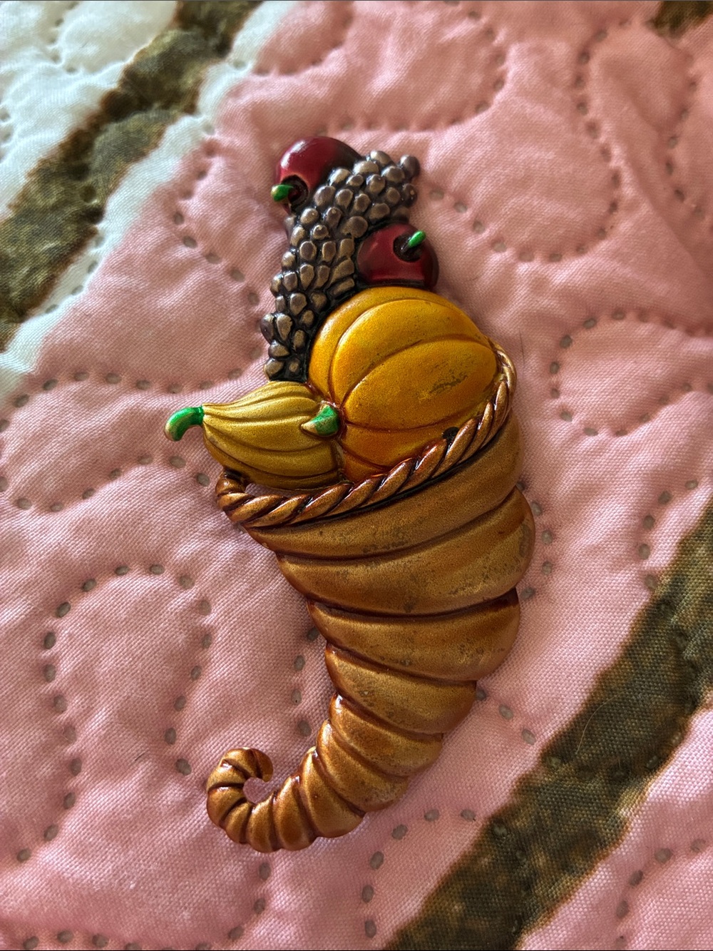 Vintage Tona Cornucopia Brooch Enamel Fruit Pumpkin Horn of Plenty 3.5”